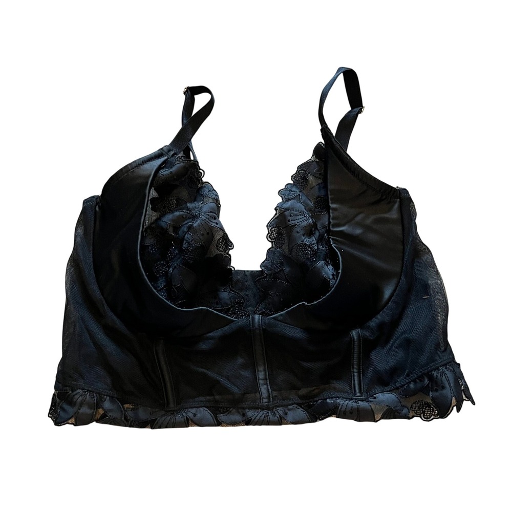 Victoria Secret Black Lace Mesh Corset Bustier Top Floral Embroidery Boning 36DD